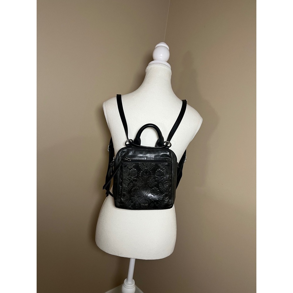 The Sak Black Leather Embossed Floral Mini Backpack Convertible Crossbody Bag